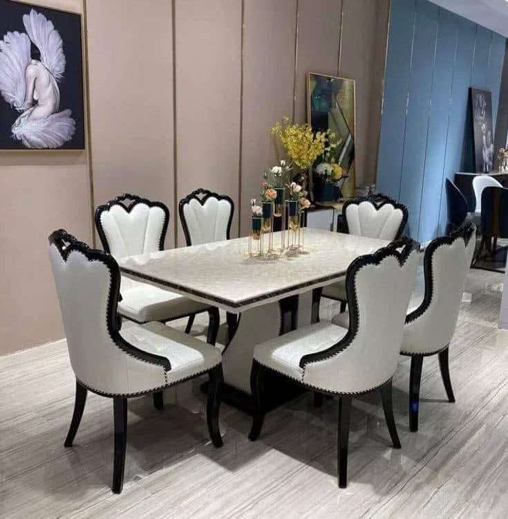 White Dining Table with Contrast-Frame Upholstered Chair Set