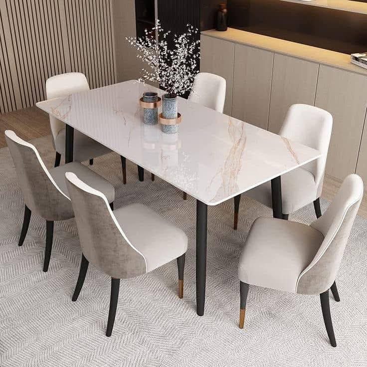 White Dining Table with Ivory Upholstered Chair Set