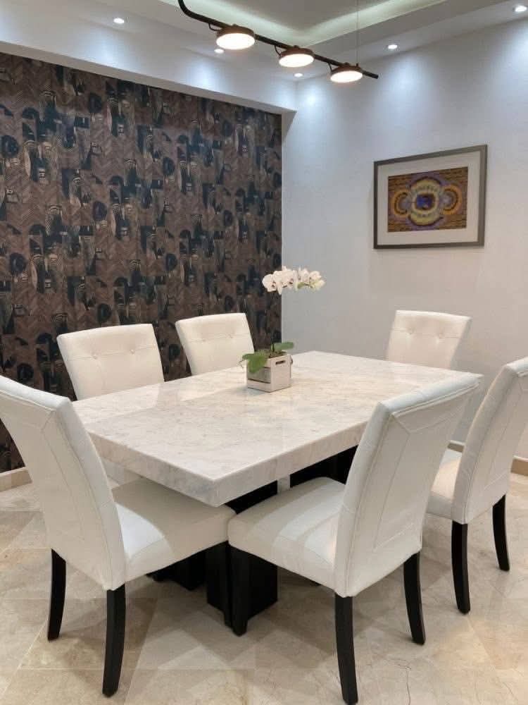 White Dining Table with Panel-Back Chair Set