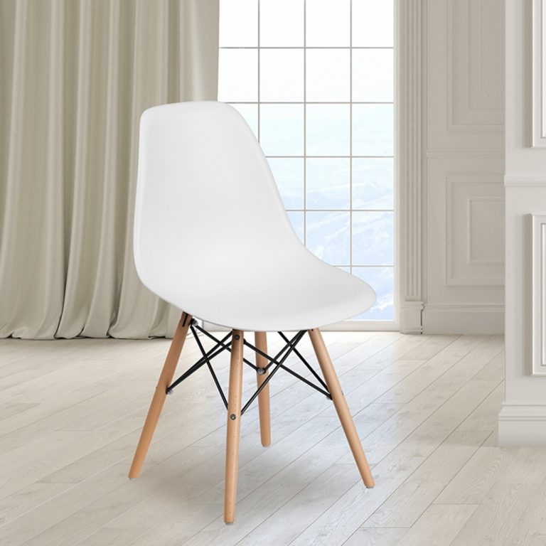 White Moulded Shell Cafe Chair with Wood-Style Legs