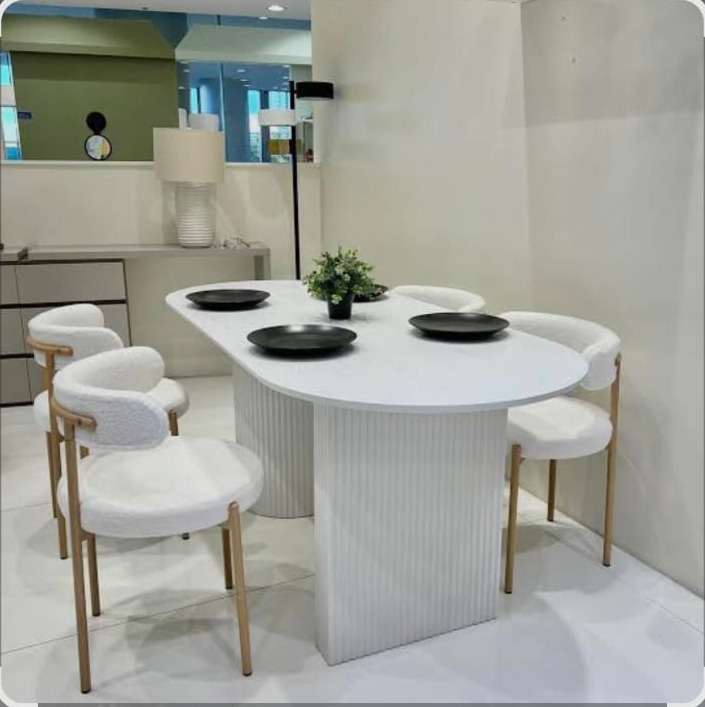 White Round Dining Table with Upholstered Armchair Set