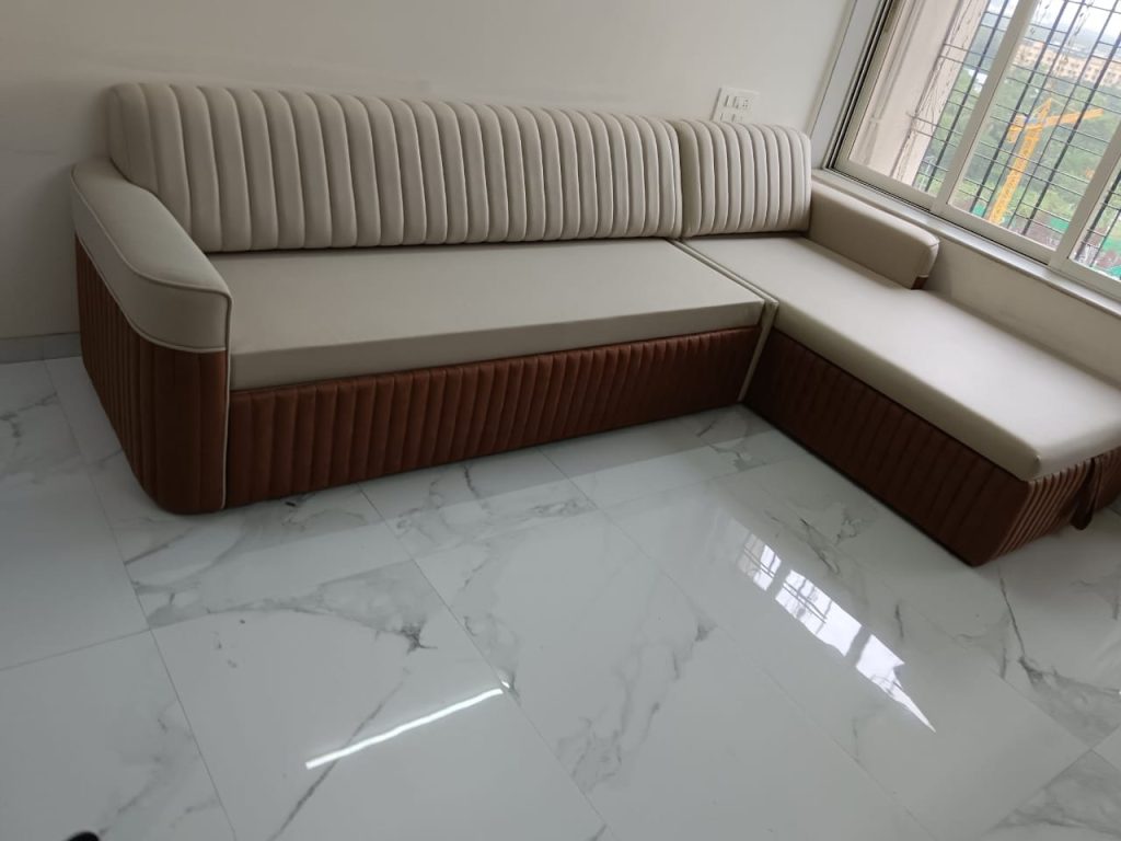 Wood-Panel L-Shaped Sofa with Beige Cushions