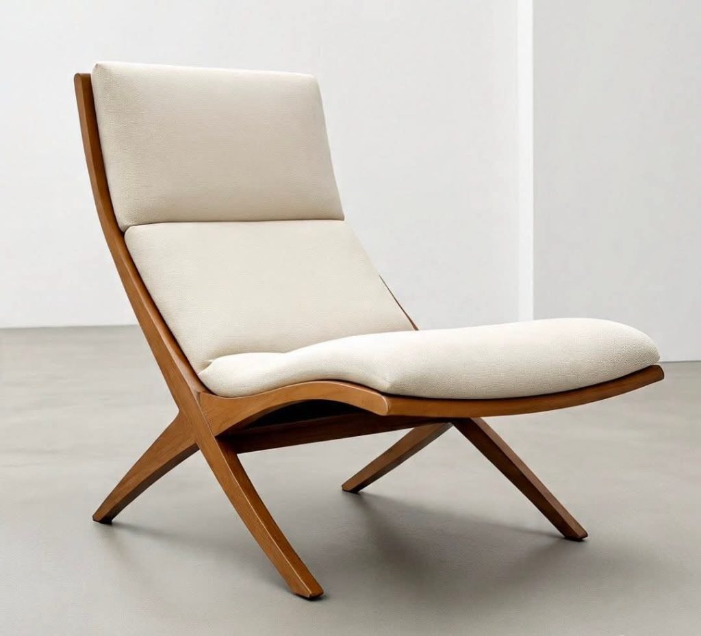 Wooden Angled Lounge Chair with Ivory Cushions