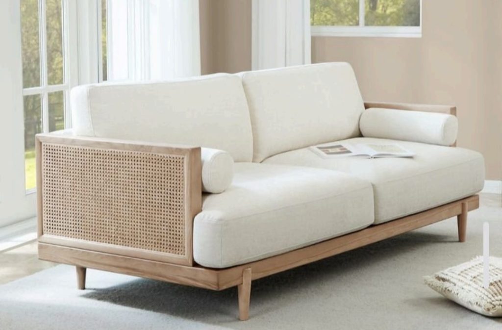 Wooden Cane-Style Side Sofa with White Cushions