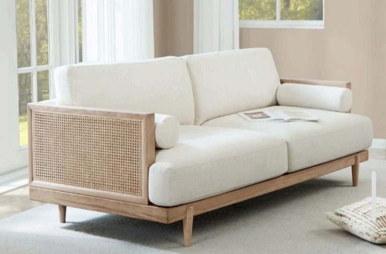Wooden Cane-Style Side Sofa with White Cushions