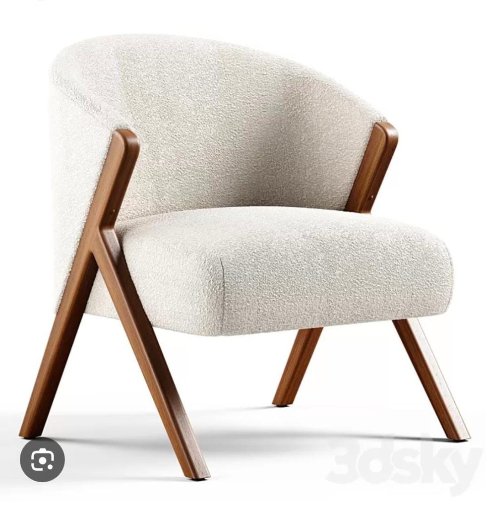 Wooden Cross-Leg Lounge Chair with Ivory Textured Upholstery