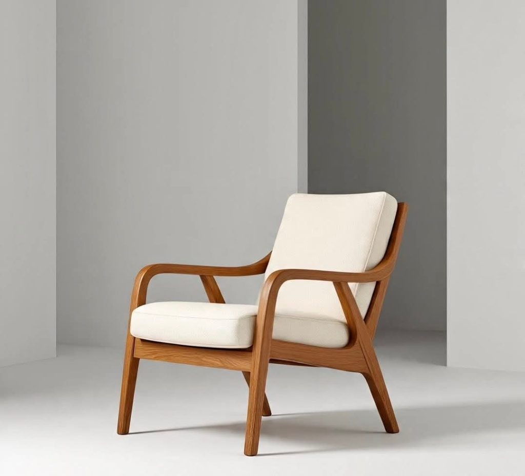 Wooden Curved-Arm Lounge Chair with Ivory Upholstery
