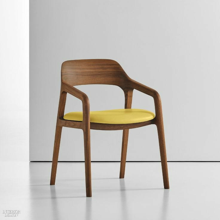 Wooden Curved-Back Dining Armchair with Yellow Seat