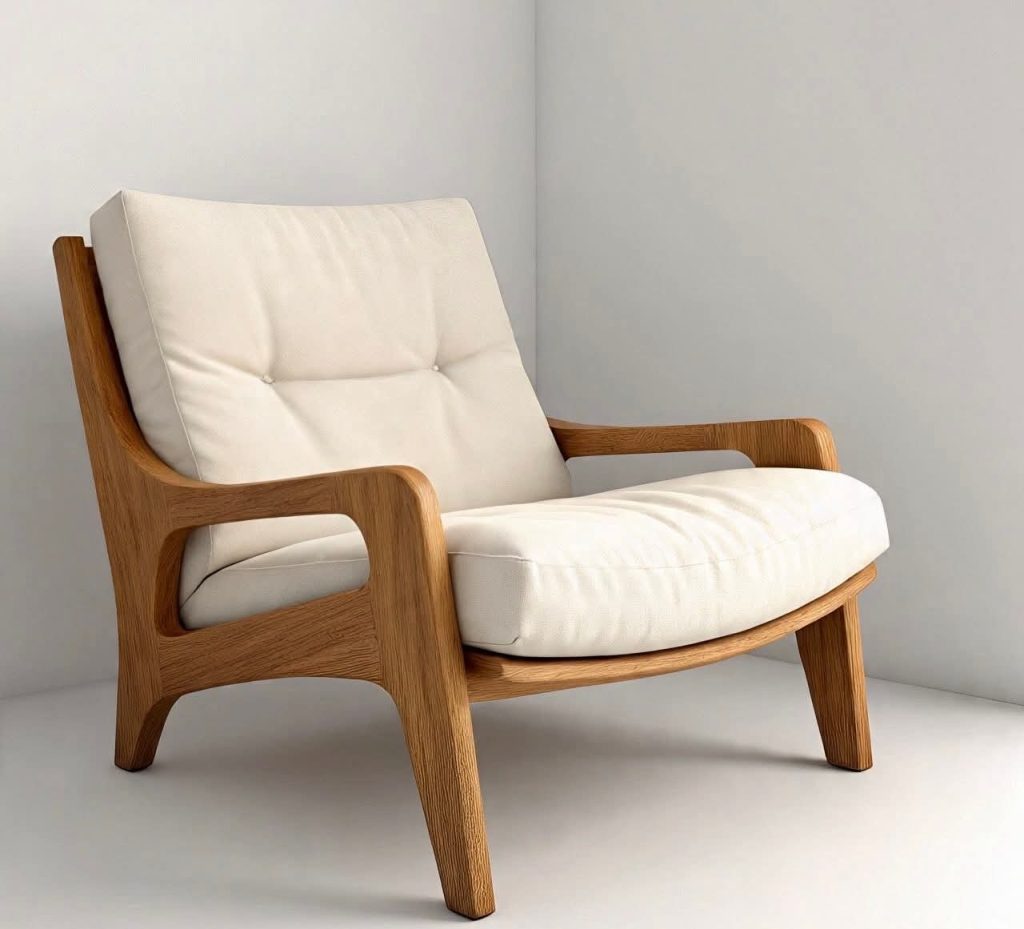 Wooden Curved-Frame Lounge Chair with Ivory Cushions