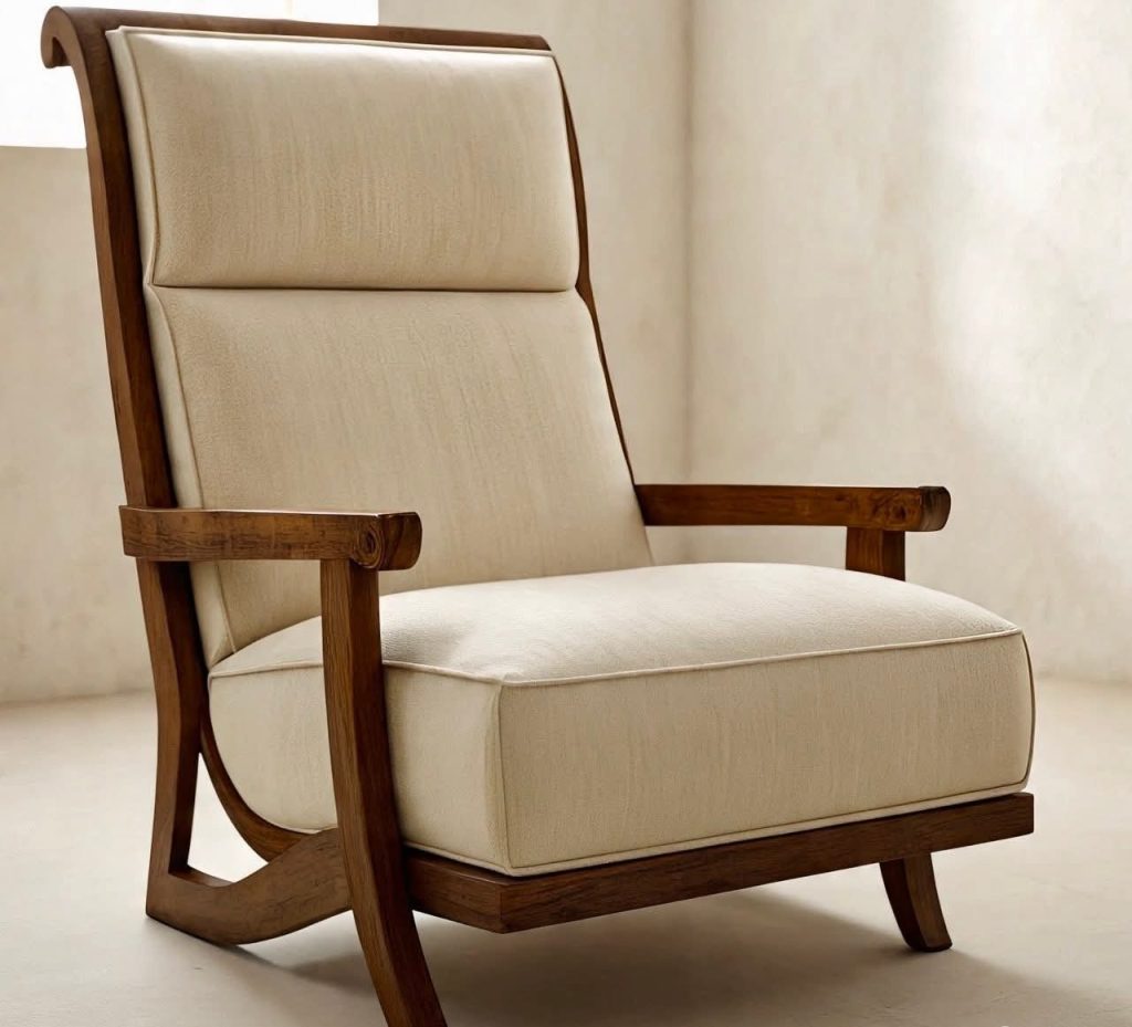Wooden High-Back Lounge Chair with Beige Cushions