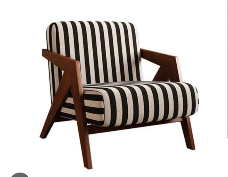 Wooden Lounge Chair with Black-and-White Striped Cushions