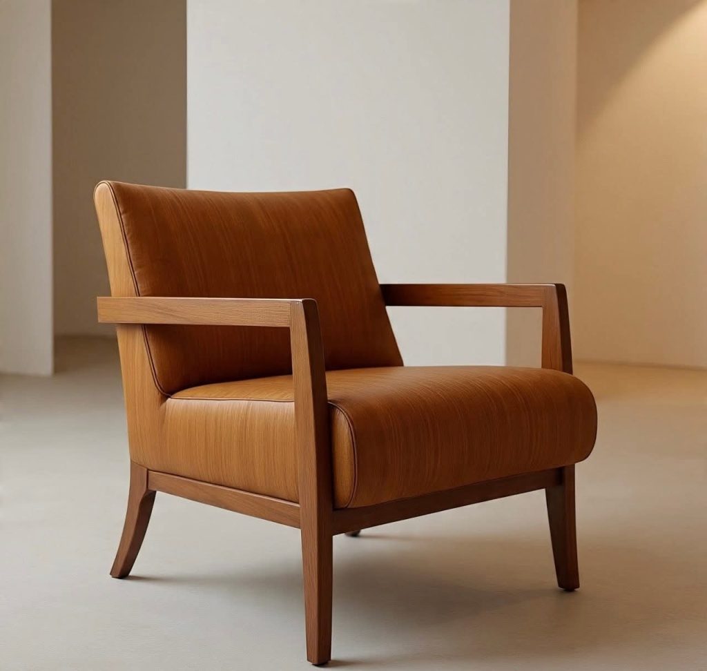 Wooden Lounge Chair with Rust Cushions