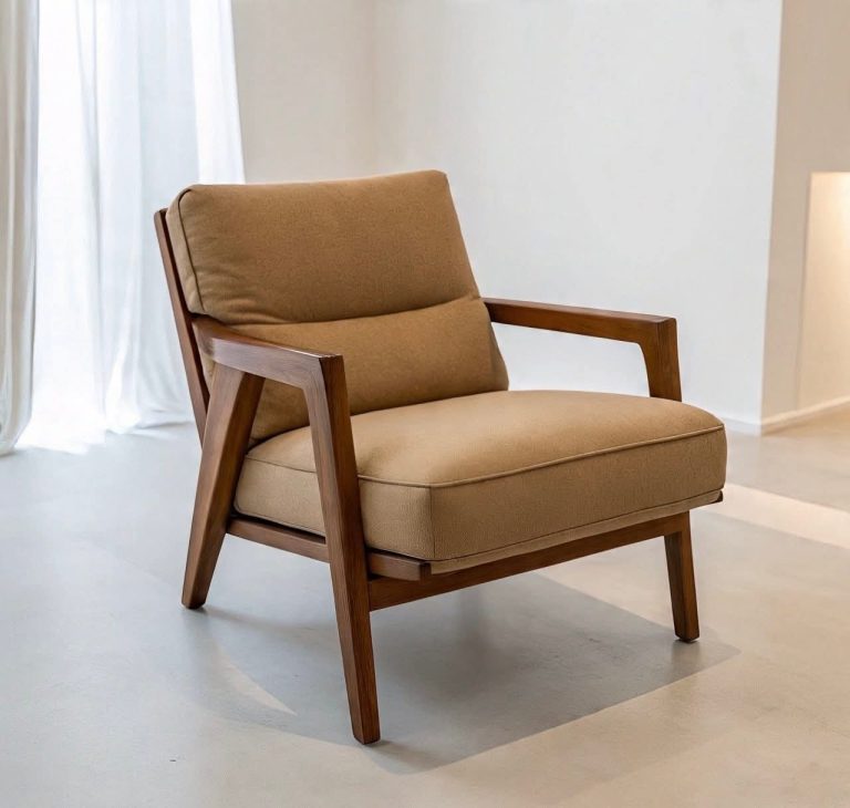 Wooden Lounge Chair with Tan Cushions