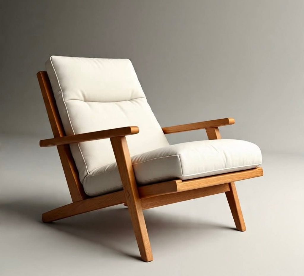Wooden Low Lounge Armchair with Ivory Cushions