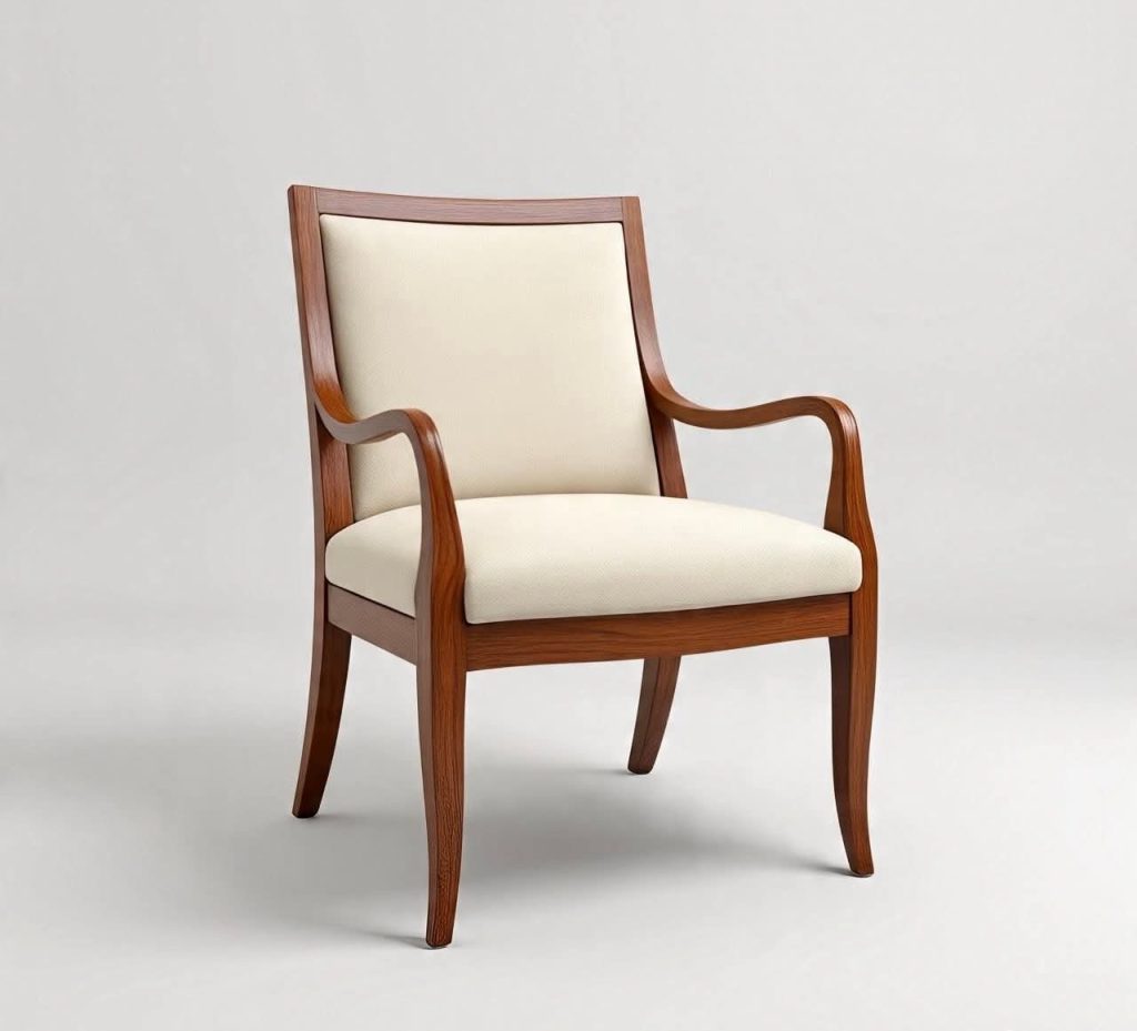 Wooden Open-Arm Lounge Chair with Ivory Upholstery
