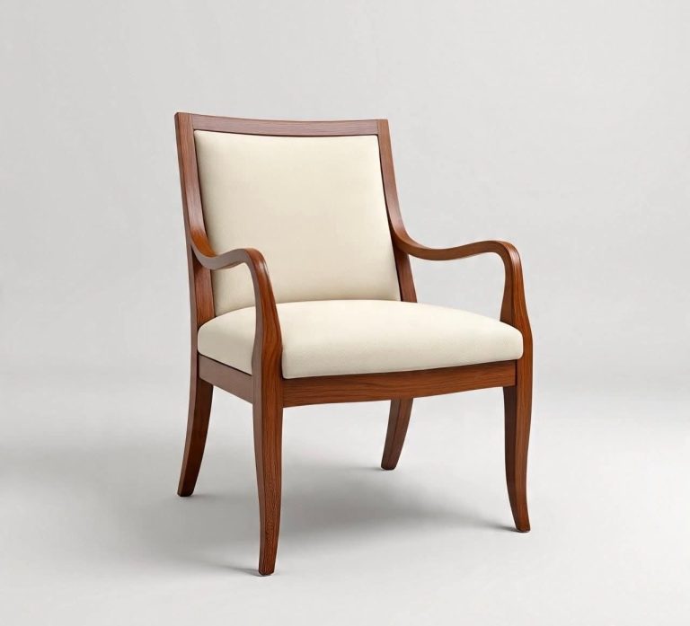 Wooden Open-Arm Lounge Chair with Ivory Upholstery