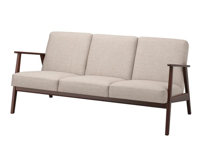 Wooden Open-Arm Three-Seat Sofa with Beige Cushions