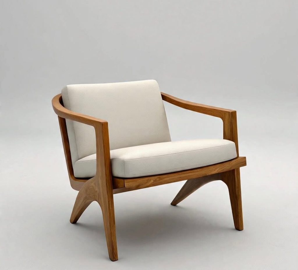 Wooden Sculpted-Frame Lounge Chair with Ivory Cushions