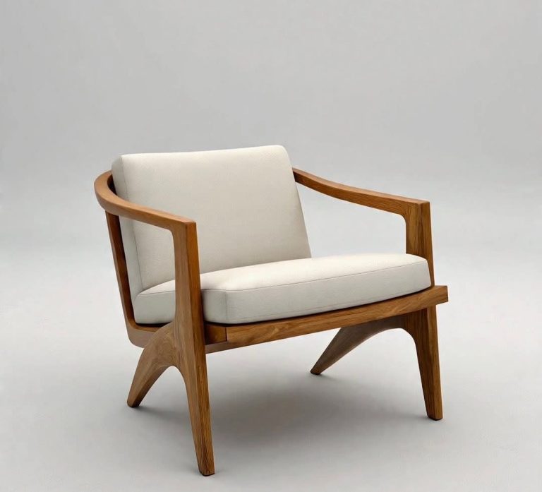 Wooden Sculpted-Frame Lounge Chair with Ivory Cushions