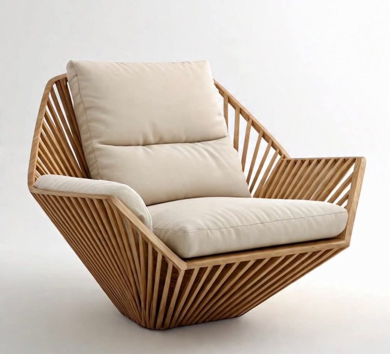 Wooden Sculptural Slat Lounge Chair with Ivory Cushions