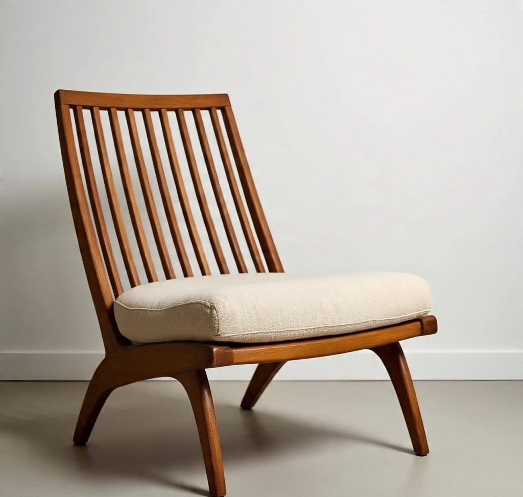 Wooden Slat-Back Lounge Chair with Ivory Seat
