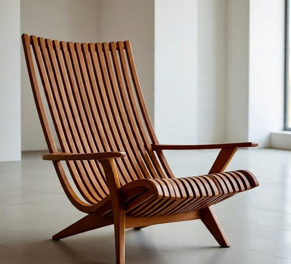 Wooden Slatted High-Back Lounge Armchair