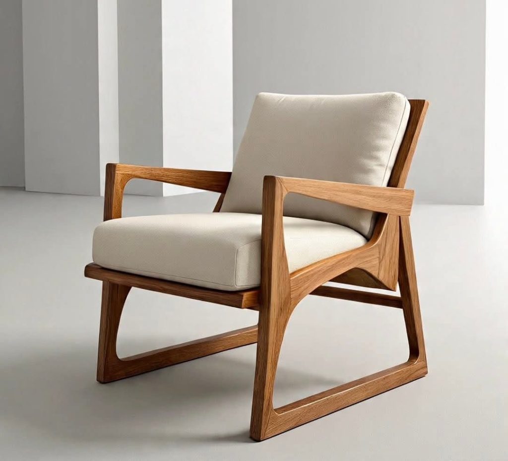 Wooden Sled-Base Lounge Chair with Ivory Cushions