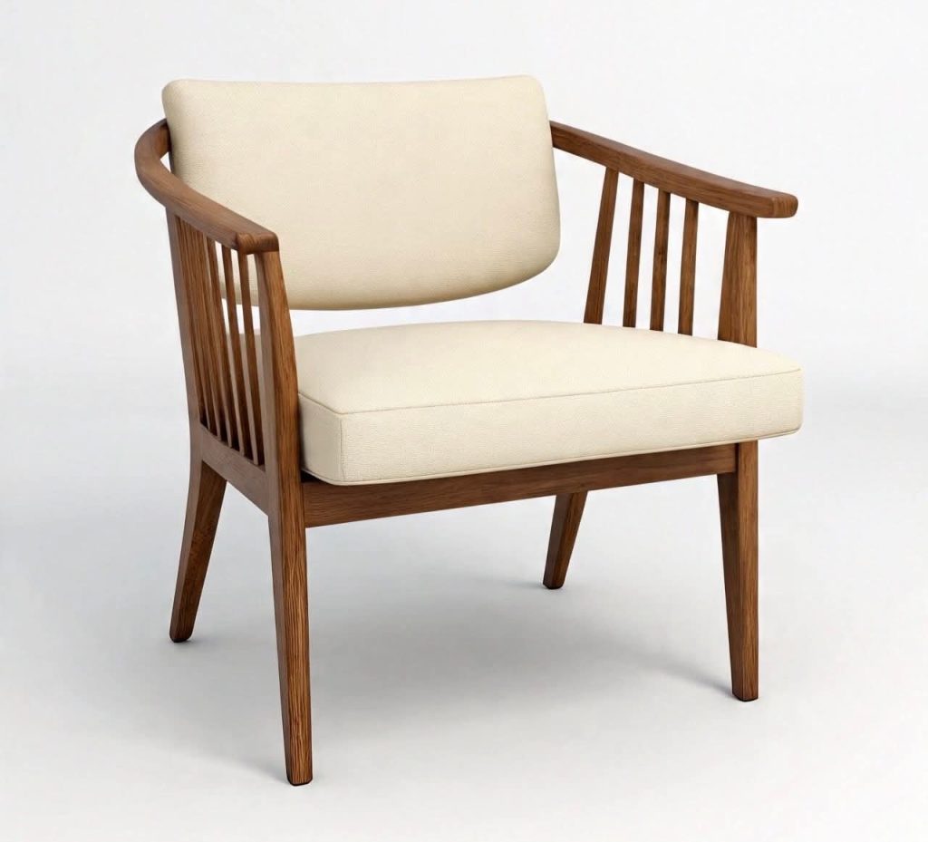 Wooden Spindle-Arm Lounge Chair with Ivory Cushions