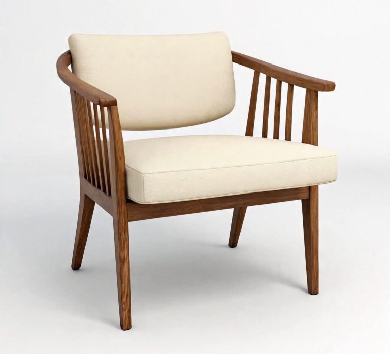 Wooden Spindle-Arm Lounge Chair with Ivory Cushions