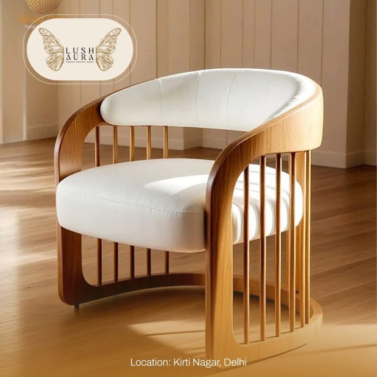 Wooden Spindle Tub Lounge Chair with Ivory Cushions